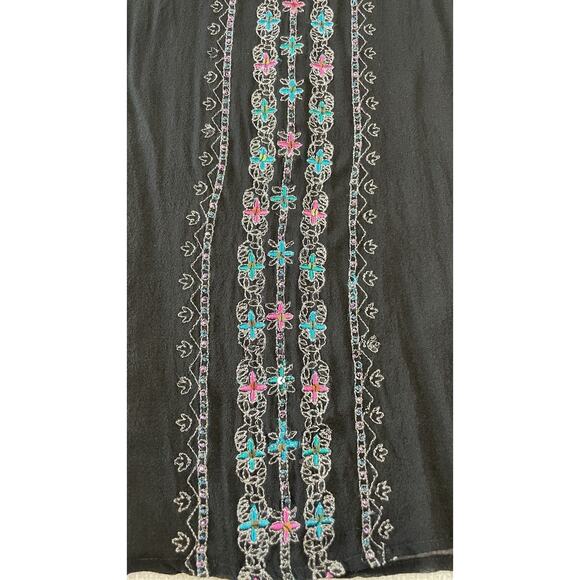 Silkland 100% Silk Black L Embroidered Beaded Sequined Blouse Sheer Rainbow - Picture 12 of 15